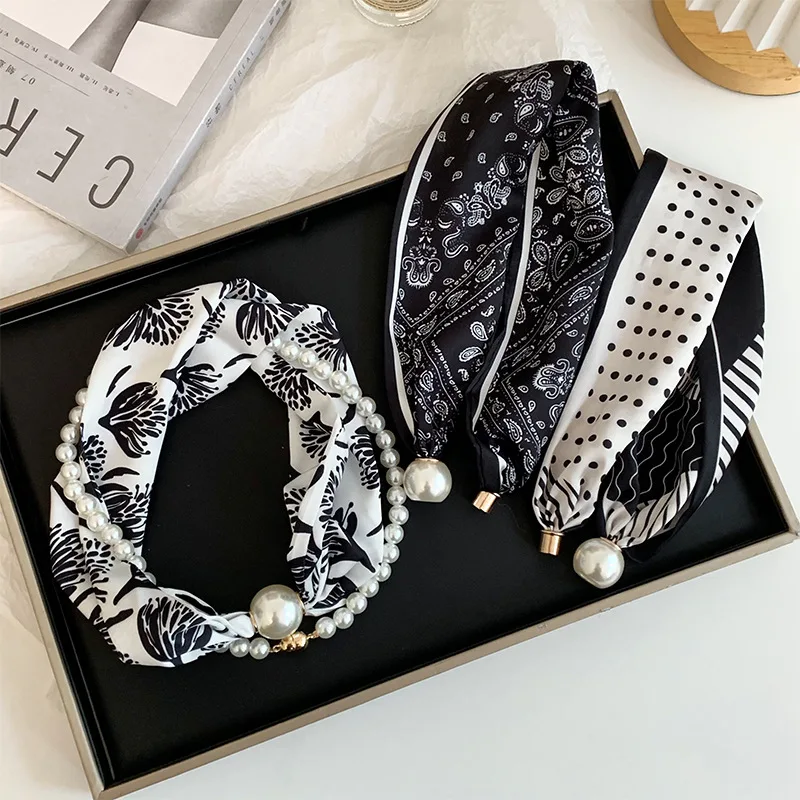 

Pearl Necklace New Versatile Chinese Style Collarbone Chain Thin Shirt Scarf Neck Warmer Magnetic Buckle Silk Scarf Long