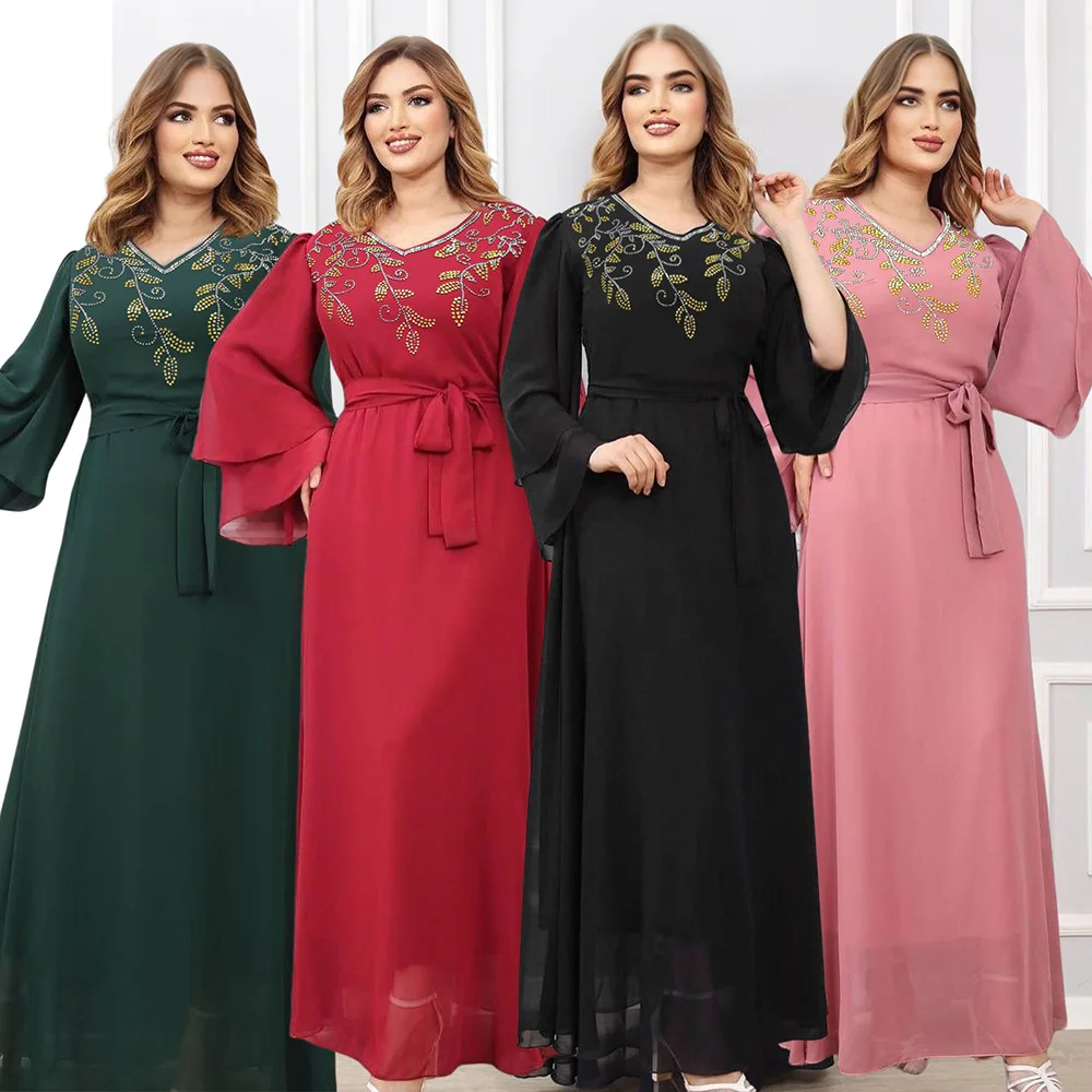 

Women's Clothing Muslim Fashion Abaya Fashionable Arabian Middle Eastern Gathering Gown - Rhinestone-Embellished Dinner Dress