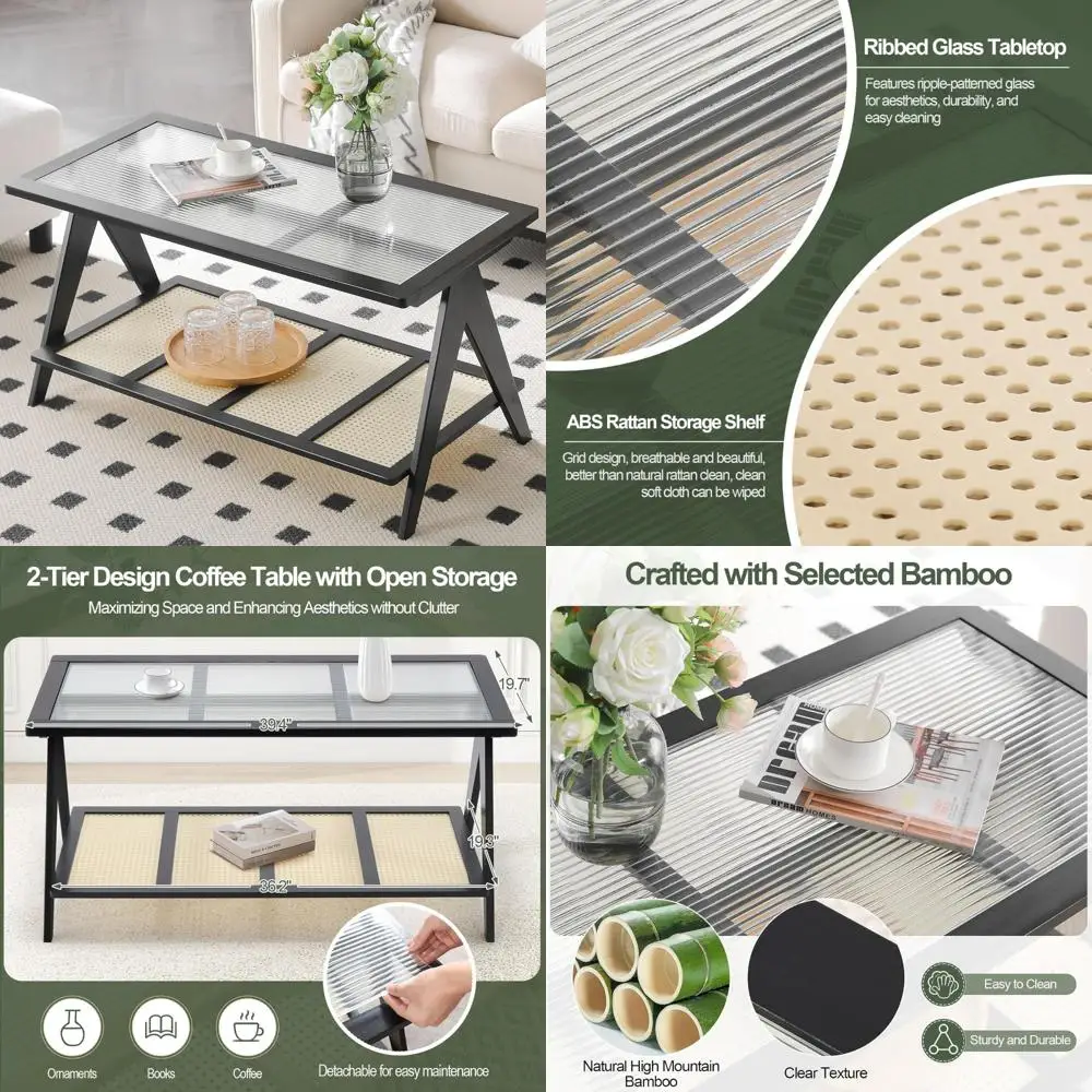 Modern Rectangle Coffee Table with Bamboo Frame, Imitation Rattan Shelf, Ribbed Glass Top, Boho Style