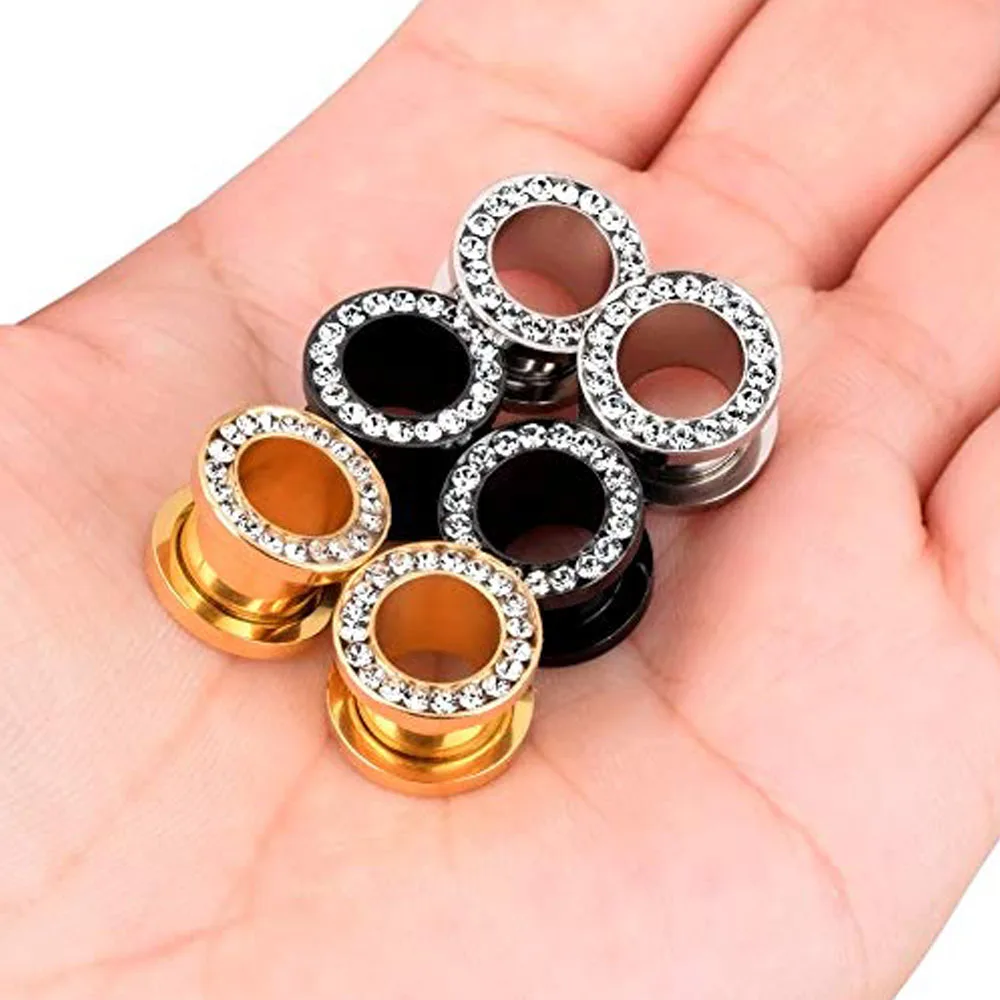 Double Flare Stainless Steel Tunnels Gauges Screwed Gem Rhinestones Tunnels Plugs Stretcher Jewelry 3-20mm