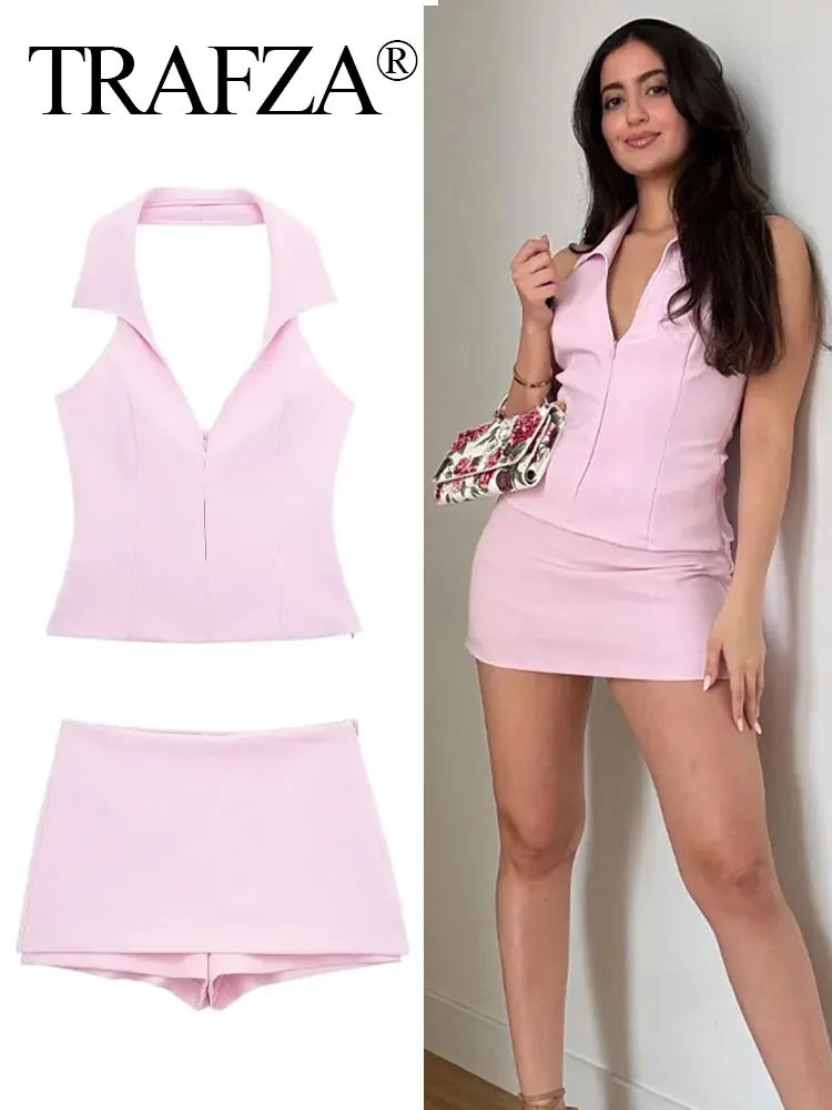 TRAFZA Women Casual Skirts Shorts Set Chic Halter Shirt Neck Backless Top & Shorts Sweet Pink Summer Sexy Shorts Sets