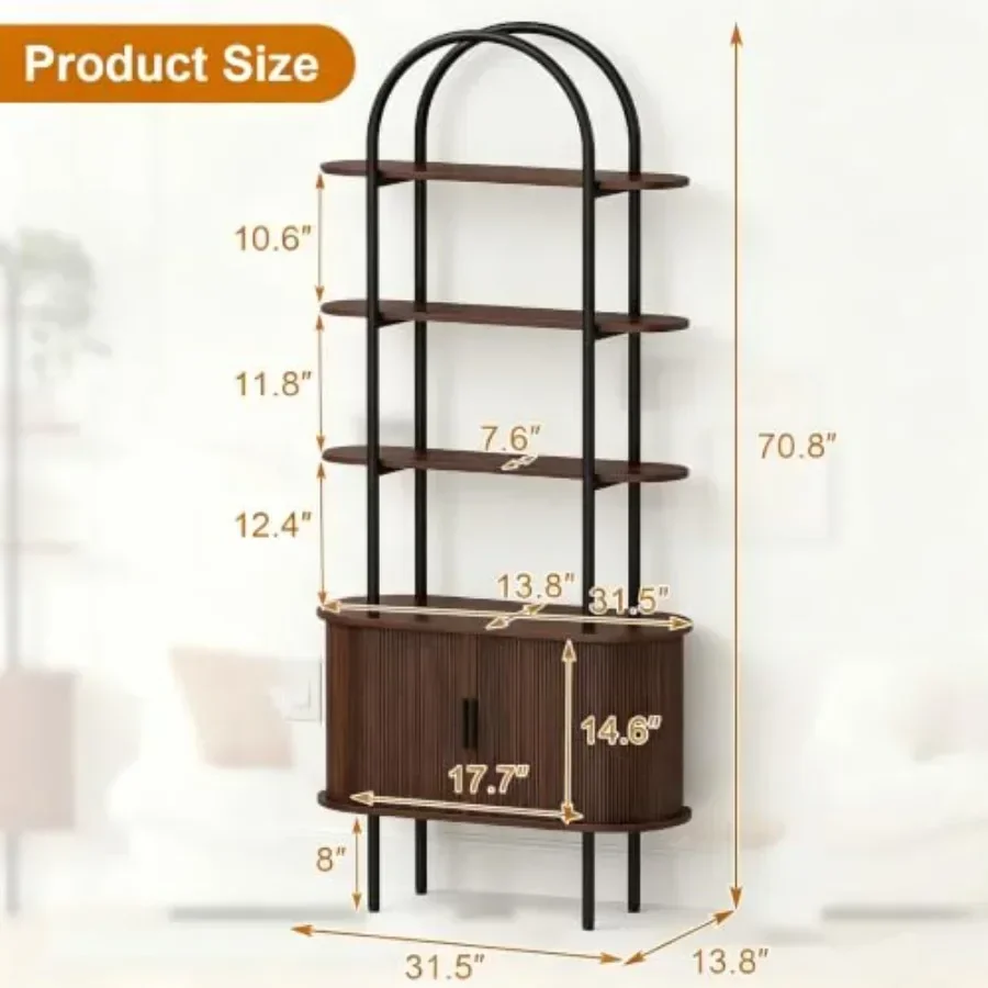 71 Tall Arched Bookshelf with Sliding Tambour Doors for living room, wood, walnut, space-saving and elegant design