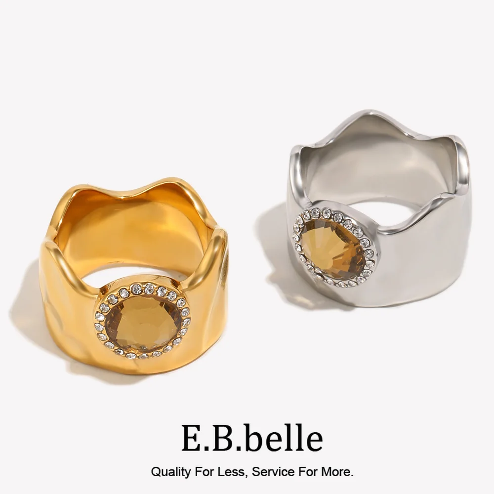 E.B.belle Wide Band Wavy Edge CZ Rings 18K Gold Plated Stainless Steel Waterproof Ring Hammered Texture Ring Women Jewelry Gift