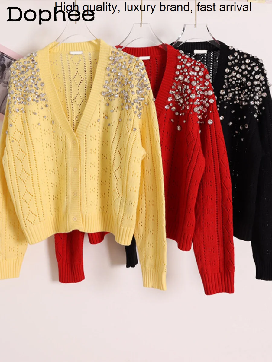 Wool Cardigan French Coat Women Autumn and Winter Exquisite Rhinestone Knitted Top Female High-End Black Sweater Jacket