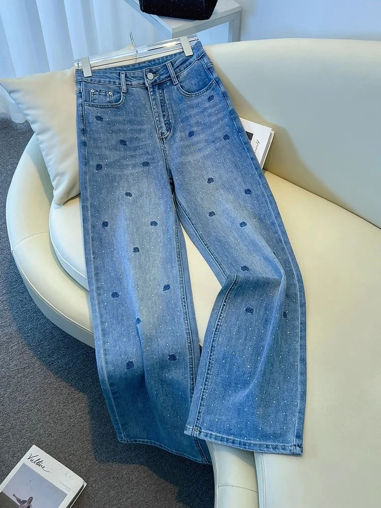

American Retro Blue Rose Embroidery Rhinestone Jeans High Waist Heavy Wash Slim Straight Leg Denim Pants Women's Fashion