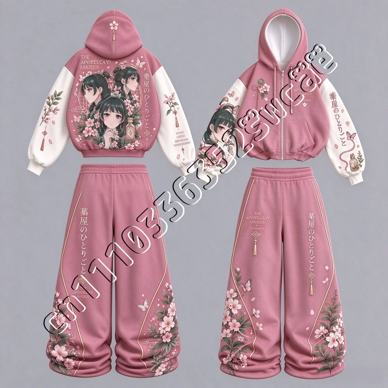26/27Unisex The Apothecary Diaries Maomao Autumn Winter Hoodie Wide Leg Pants Set, Anime Zip Up Hooded Tracksuit FamilyMatching