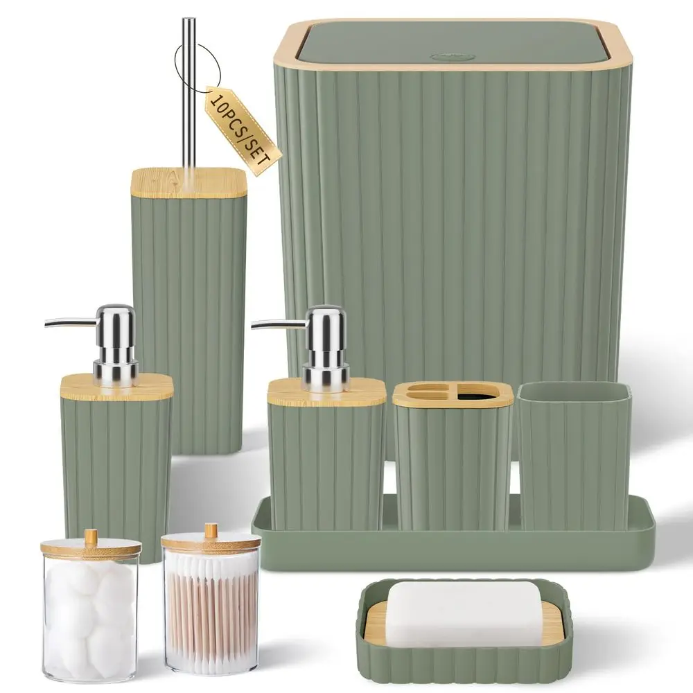 Juego de accesorios de baño, elegante juego de baño color verde salvia, juego de 10 accesorios de baño, cepillo para limpiar el inodoro, b