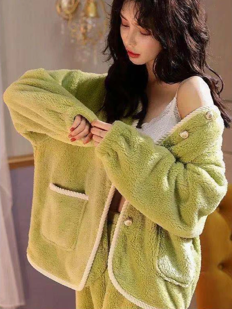 Baggy Winter Pajama Sets Women Fleece Thicken Sweet Comfortable Chic Pockets Home Lounge Leisure Ladies Sleepwear Fashion Korean