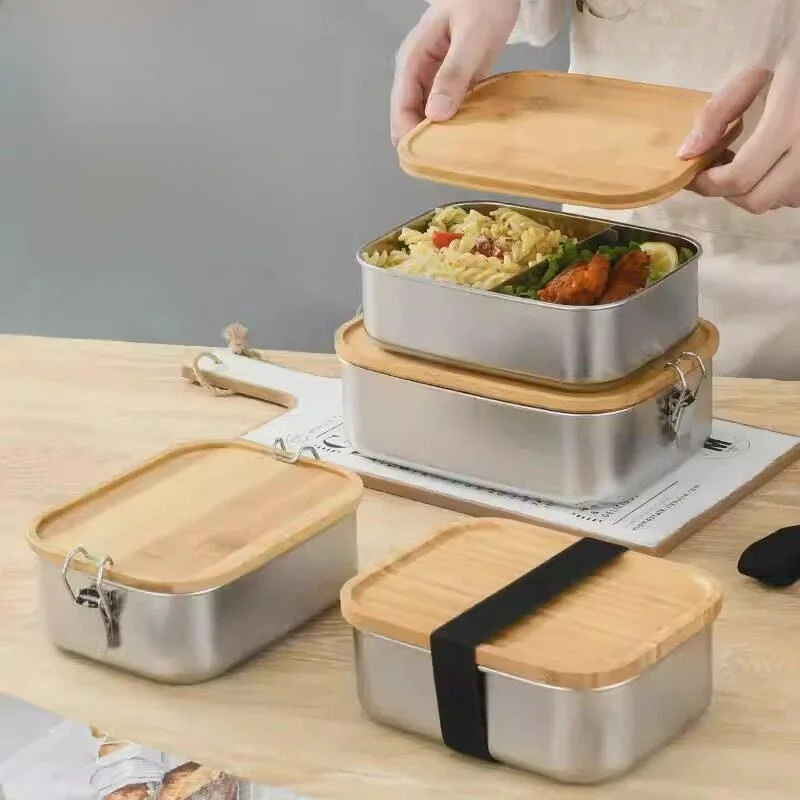 Lonchera de Acero Inoxidable 304 de Grado Alimenticio con Tapa de Bambú, Caja para Sushi, Contenedor Rectangular con Compartimentos para Arroz al Vapor y Comida de Trabajo