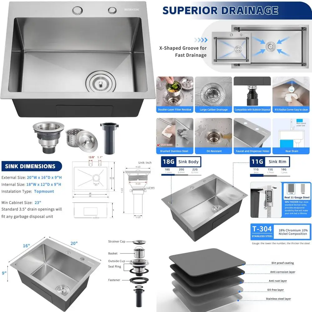

Stainless Steel 20x16 Inch Topmount Single Bowl Kitchen Sink for Home Bar and Outdoor RV Use, Handmade Brushed Finish