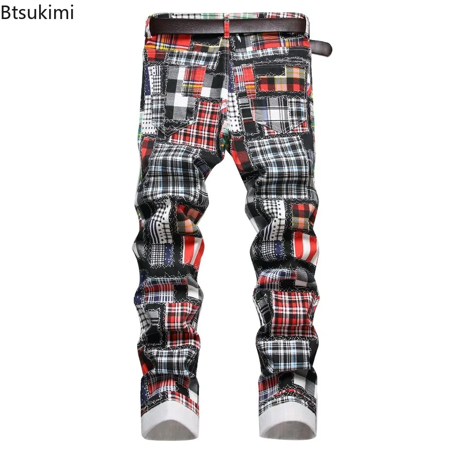 Men Plaid Digital Print Jeans Fashion Patches Patchwork Stretch Denim Pants Slim Straight Trousers Male Fashionable Streetwear