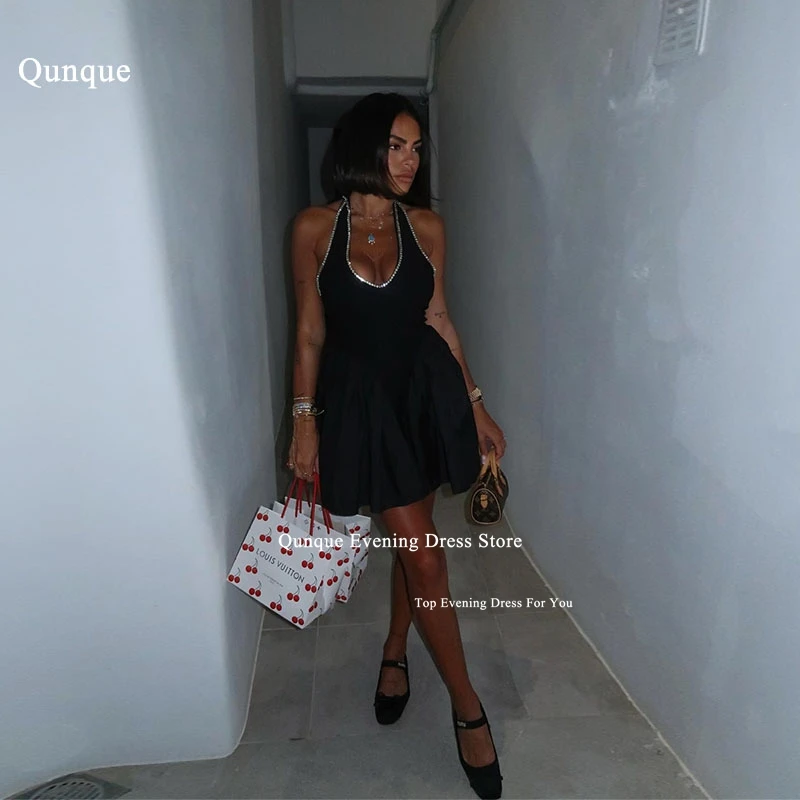 

Qunque Sexy Black Taffeta Prom Dress Mini Short Halter Cocktail Gown for Women Sparkly Beadings Vestidos Para Mujer Customized