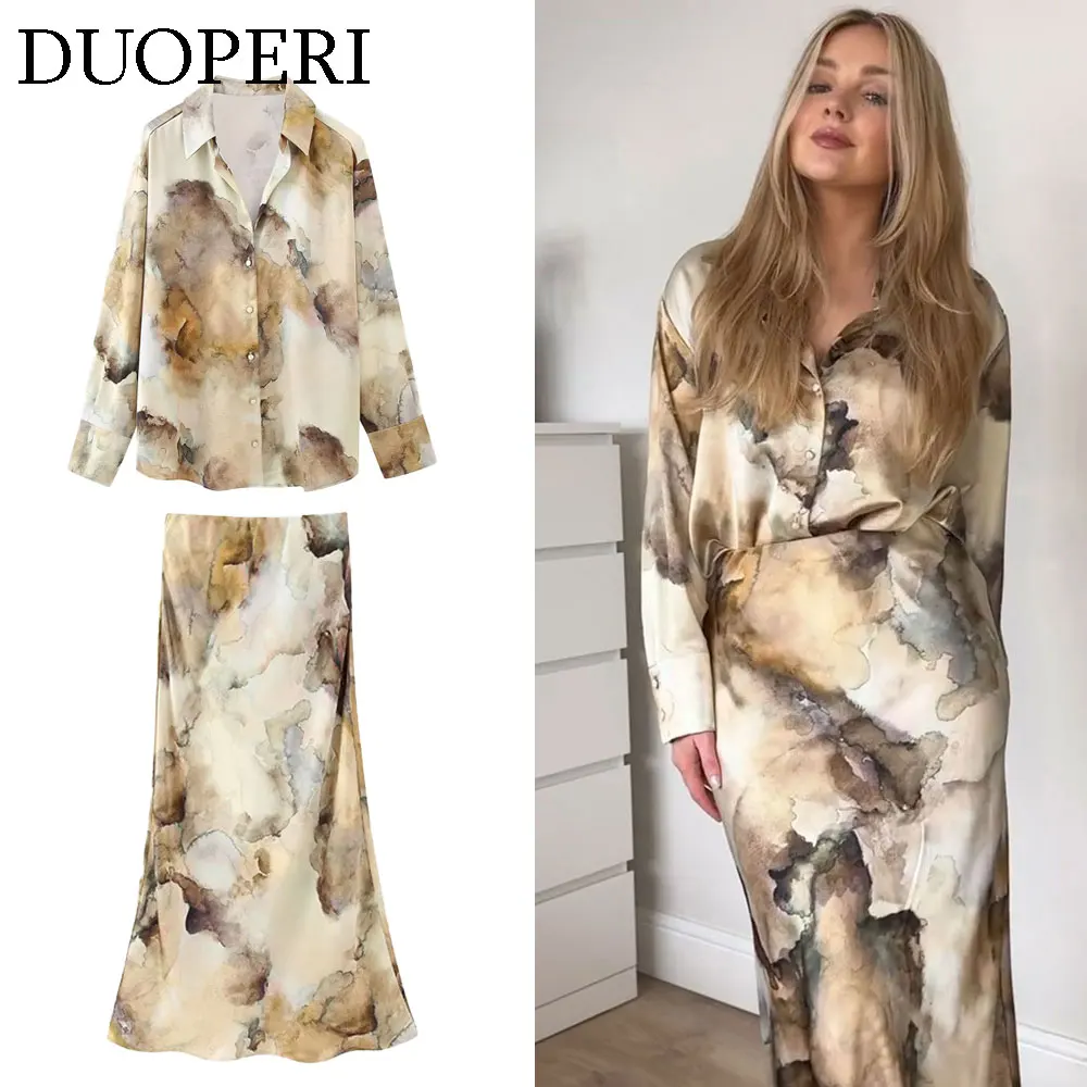 DUOPERI 2024 Women Fashion Tie Dye Printed Satin Blouse Midi Skirt Sets Chic Lady Casual Blouse and Skirt Coordinates