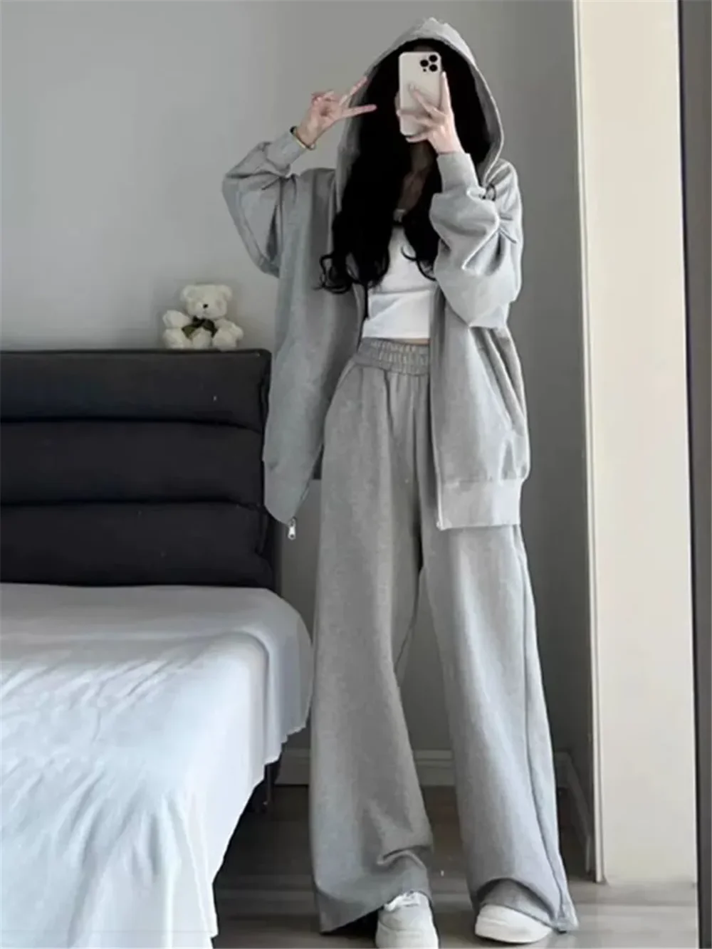 Winter Hoodie 2 Piece Autumn Women Thick Hoodie Coat Drawstring High Waist Loose Casual Pant Set Lined Fleece Clothes Streetwear