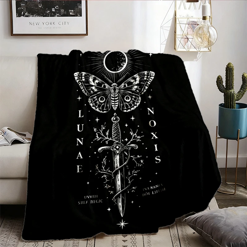 Lunae Noxis Moth Sword Flannel Blanket, Celestial Gothic Flannel Blanket, Vintage Moon Graphic Flannel Blanket