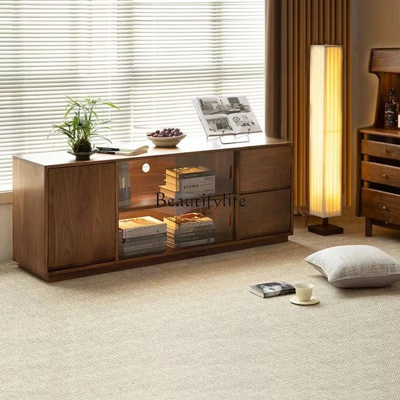 

Solid wood TV cabinet High living room household black walnut bedroom TV floor-to-ceiling bookcase
