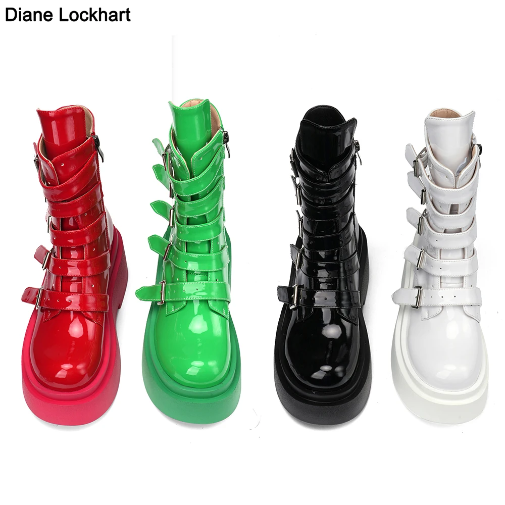 Motorcycle Boots For Women Platform Wedges Ankle Boot women\'s Shoes Brand New 2024 Buckle Strap Booties Fashion Goth Green