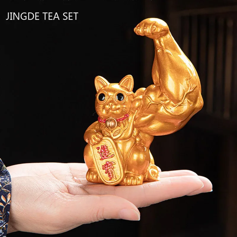 Creative Resin Animal Sculpture Tea Pet Muscle Arm Lucky Cat Color Changing Tea Doll Ornament Opening Gifts Home Decoration