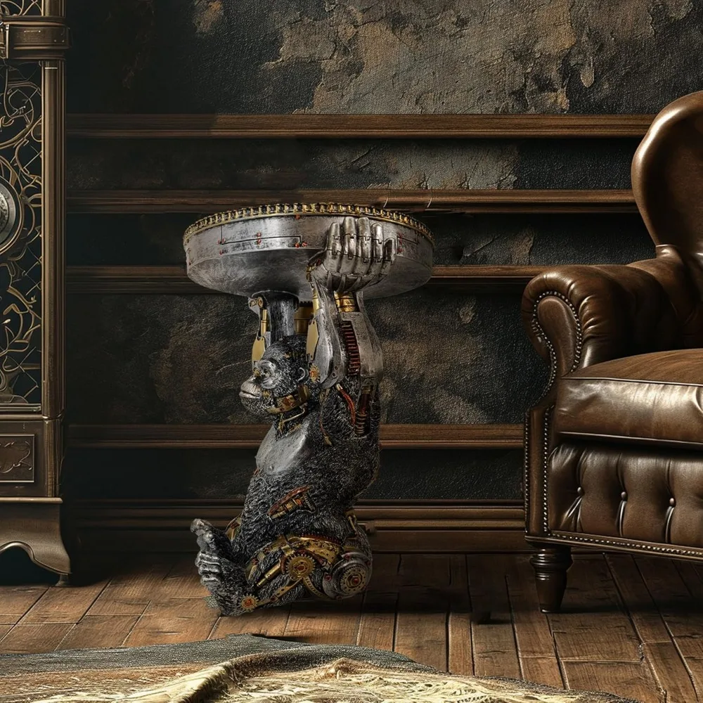 قاعدة Steampunk Gorilla: تمثال قرد سايبورغ من الراتنج الخيال العلمي، طاولة نهاية قابلة للجمع مرسومة يدويًا #6