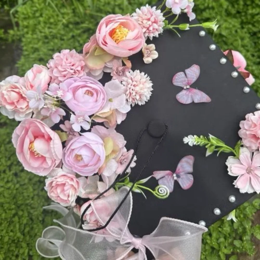 Doctor DIY Flowers Graduation Cap Bachelor Master Trencher Cap Material Package Fringe Adjustable Academic Hat with Tassels