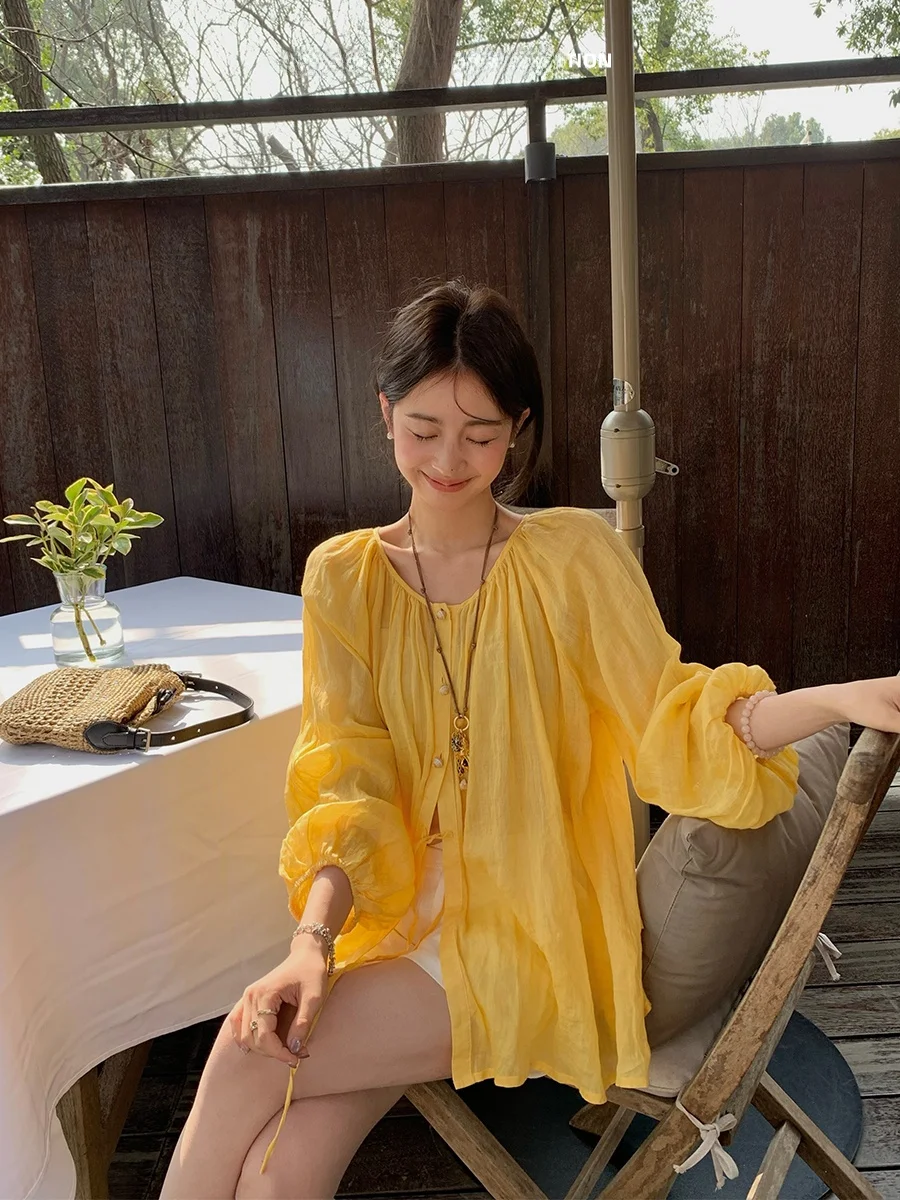 

MUKOK Yellow Flax Loose Long Sleeve Lantern Sleeve Shirt Women's Spring Summer New Style Two-Way Wear Sun Protection Small Shirt