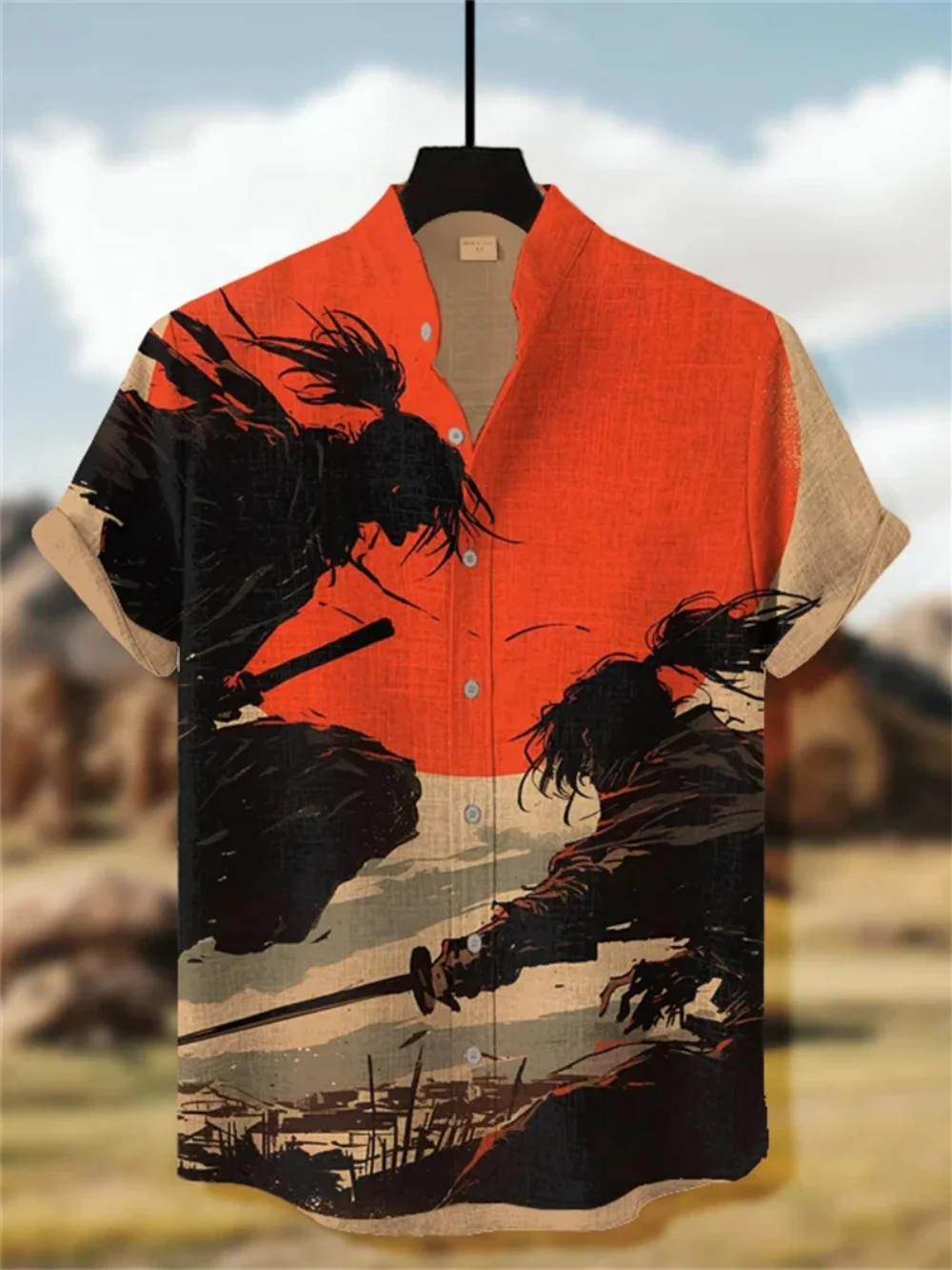Men's Plus Size Japanese Samurai Retro Art Printed Shirt Short Sleeve Stand Up Collar Linen Urban Commuting Fashionable Clothing