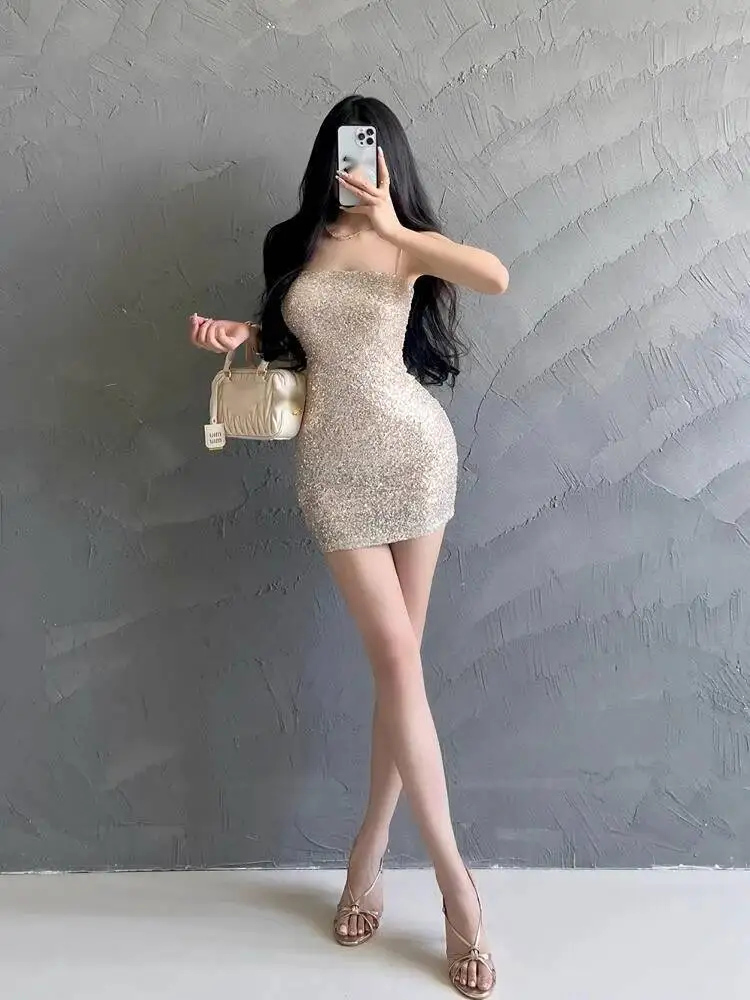 Tank Mini Jurk Herfst Slanke Vrouwen Tops Sexy Pittig Meisje Sequin Fonkelende Slanke Hemdje Sexy Banket Jurk Elegante Koreaanse V748