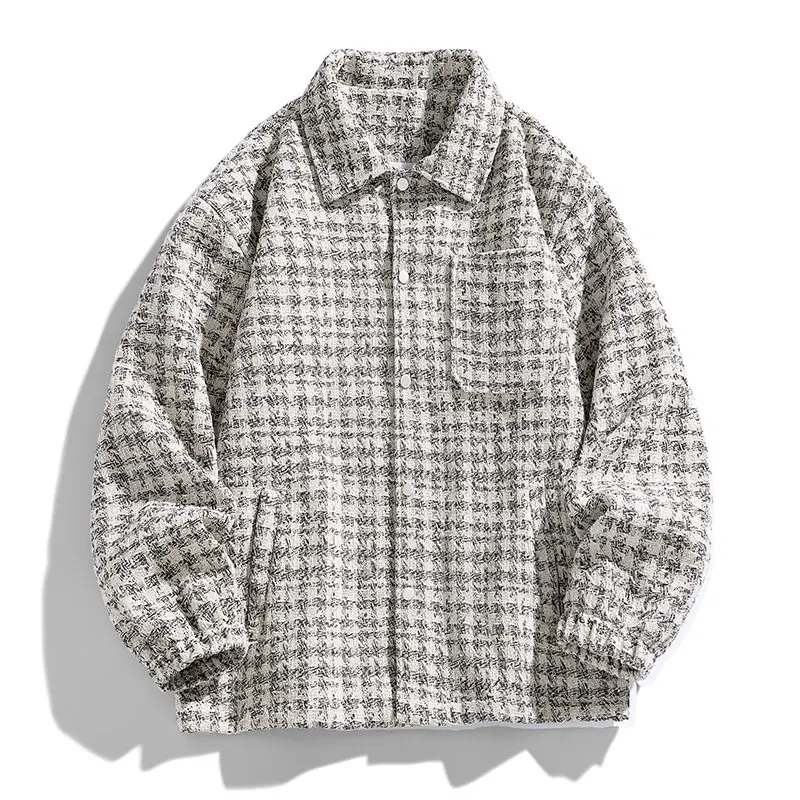 

Plaid Tweed Style Loose-Fitting Men's Button-Up Jacket with a Vintage Feel, Casual Outerwear, Men's Button-Up Jacket, Vintage Feel Casual Outerwear