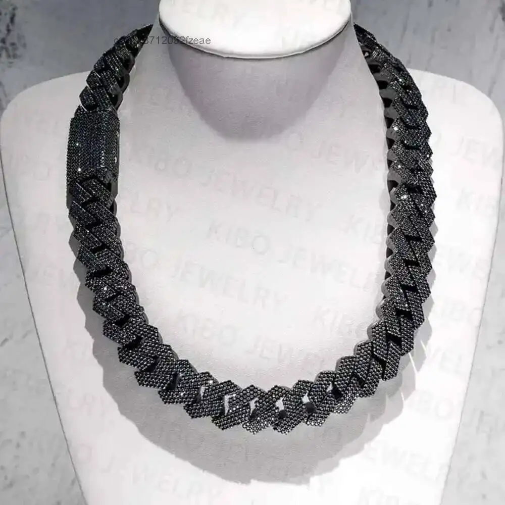 Luxury Hot-sale 18mm 20mm Black Plated 2 Rows High Quality Sterling Silver Ice Out Black Cuban Link Chain Moissanite.