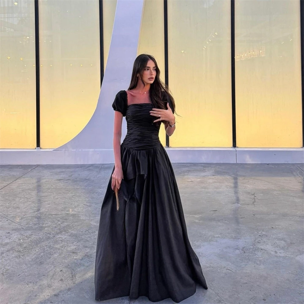 

Elegant Black Prom Dresses Long A Line Strapless Vestidos Para Mujer Elegantes Short Puff Sleeves Formal Gowns Customized