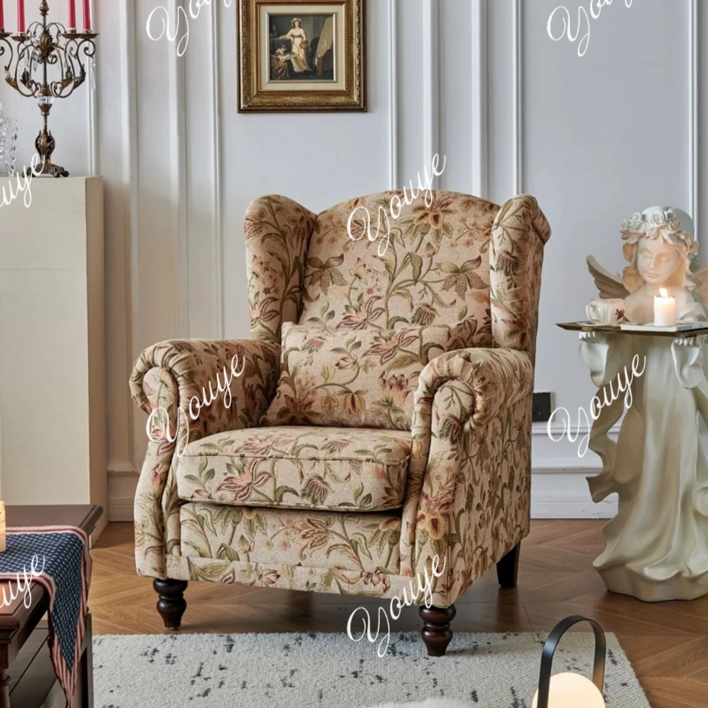 

American fabric high back comfortable chair retro living room bedroom casual light luxury single sofa fashion