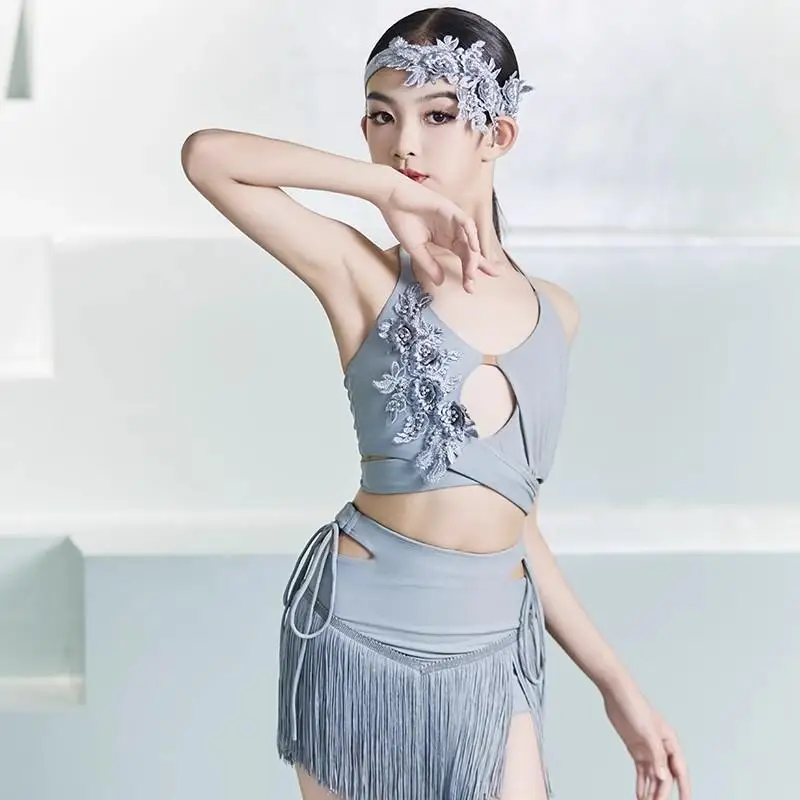 Robe de danse latine personnalisée pour filles, Costume de spectacle haut de gamme imprimé strass tempérament gland jupe courte ensemble d'entraînement