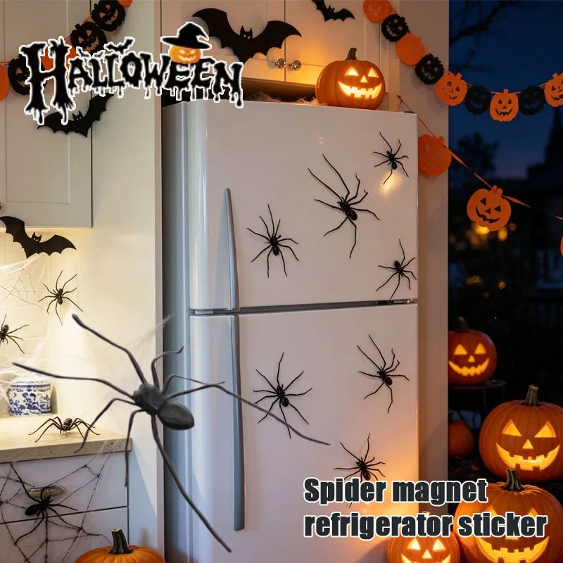 1-4PCS 3D Realistic Spider Fridge Magnet Halloween Decor Black Plastic Sticky Fun Party Home Kitchen Office Novelty Prop