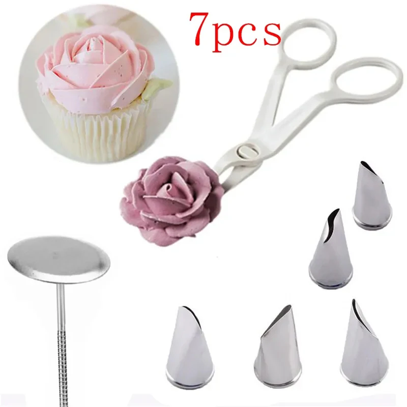 7 unids/set tijera de flores + bandeja para pasteles + 5 uds boquilla de rosas de tulipanes decoración de uñas levantador de crema de Fondant transferencia hornear pastelería cocina