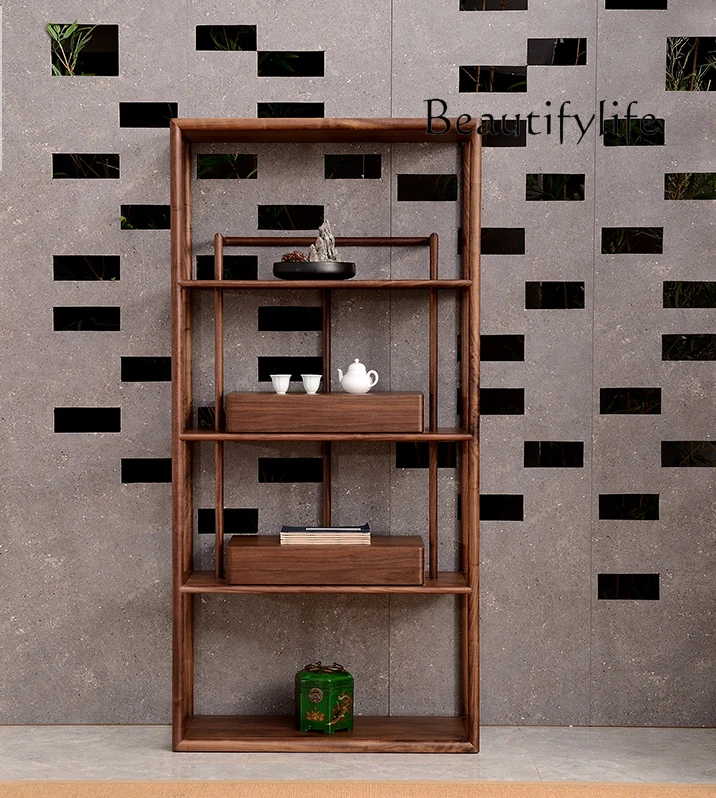 New Chinese Style Black Walnut Solid Wood Antique Shelf Modern Minimalist Bookcase Silent Style Duobao Pavilion