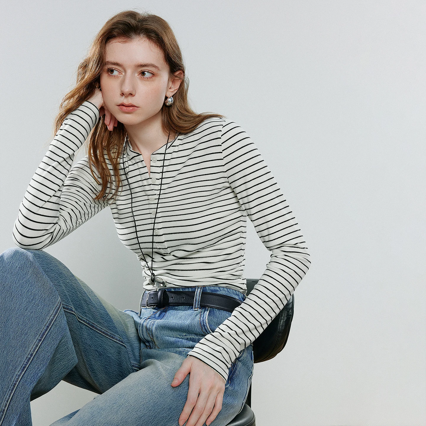 TOYOUTH Women T-shirts 2026 Spring New Striped Velour Slim Fit Slimming Button Half Placket Base Layer Casual Comfortable Tops