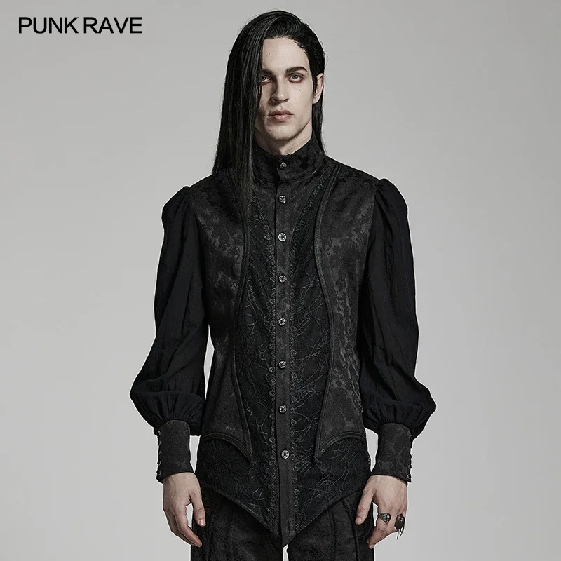 PUNK RAVE Men\'s Gothic Lantern Sleeve Stand Collar Shirt Symmetrically 3D Segmentation Jacquard Shirts for Men Spring/Autumn