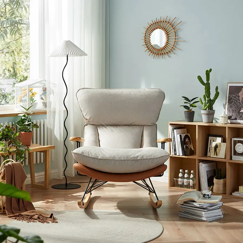 Linsy Moderne Scandinavische Witte Stof Enkele Luie Schommelbank Stoel Luxe Woonkamer Houten Vrijetijdsstoel Tdy50