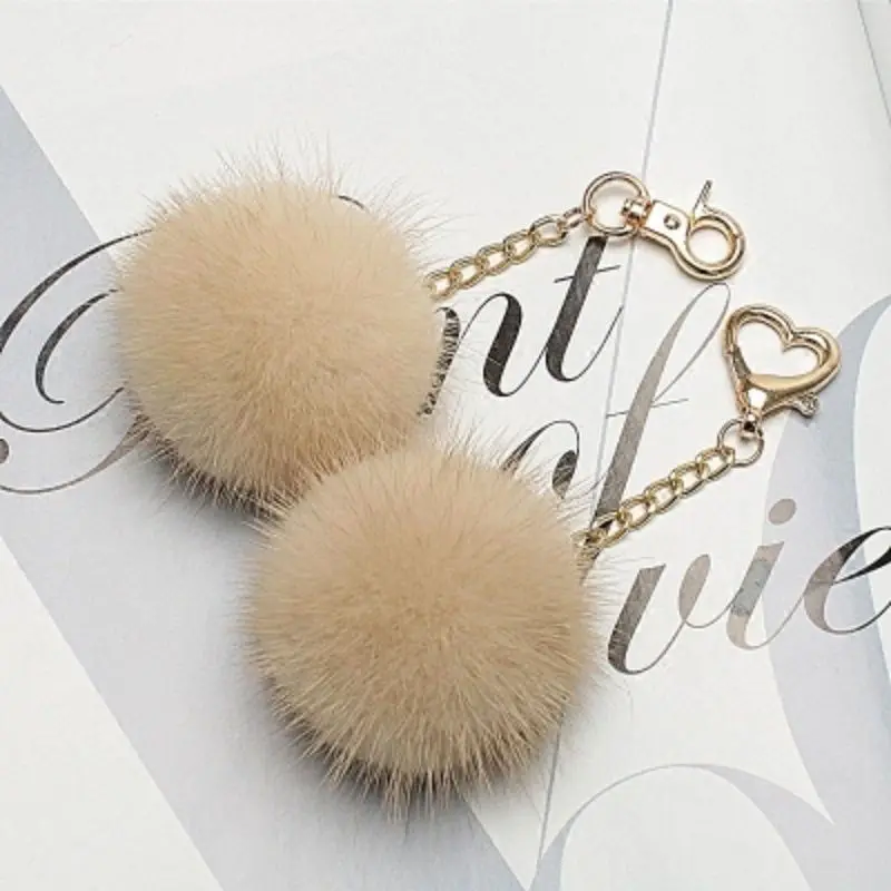 Mini Real Mink Fur Ball PomPom 9 Colors Genuine Mink Fur Keychain Heart Shape Metal Key Ring Pendant Bag Charm Women X180