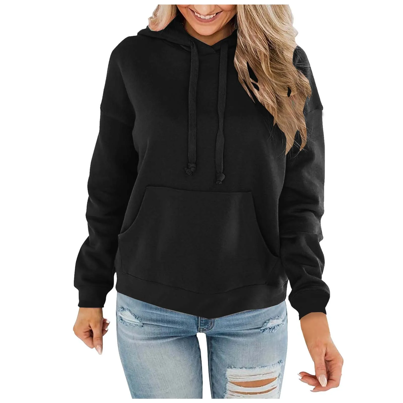 

Ladies Autumn And Winter Europe And The United States Classic Solid Color Plus Cashmere Warm Hoodie Plain Simple Casual Top