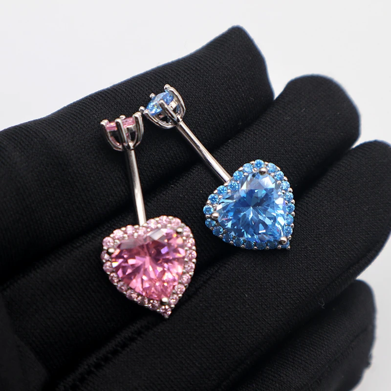 

MIQIAO Navel Belly Button Piercing 925 Sterling Silver Heart Navel Nail Blue Pink Zircon 6 8 10 12MM Length Bodys Jewelry Sexy