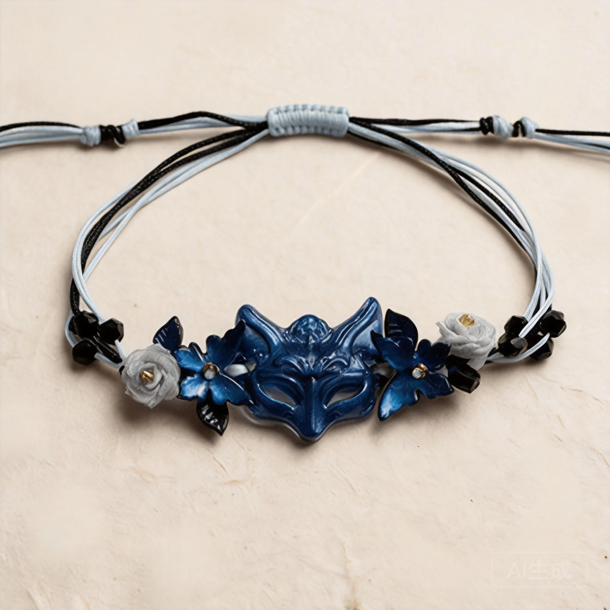 Chinese Style Navy Blue Lucky Fox Mask Bracelet Vintage Floral Braided Adjustable Cord Blessed Fortune Cool Unique Jewelry Gift