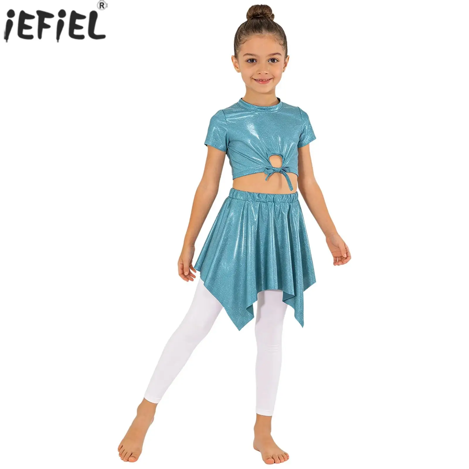Kids Girls Metallic Shiny Jazz Dance Outfit Short-sleeve Tie-front T-shirt Top with Skirt for Hip Hop Cheerleading Performance