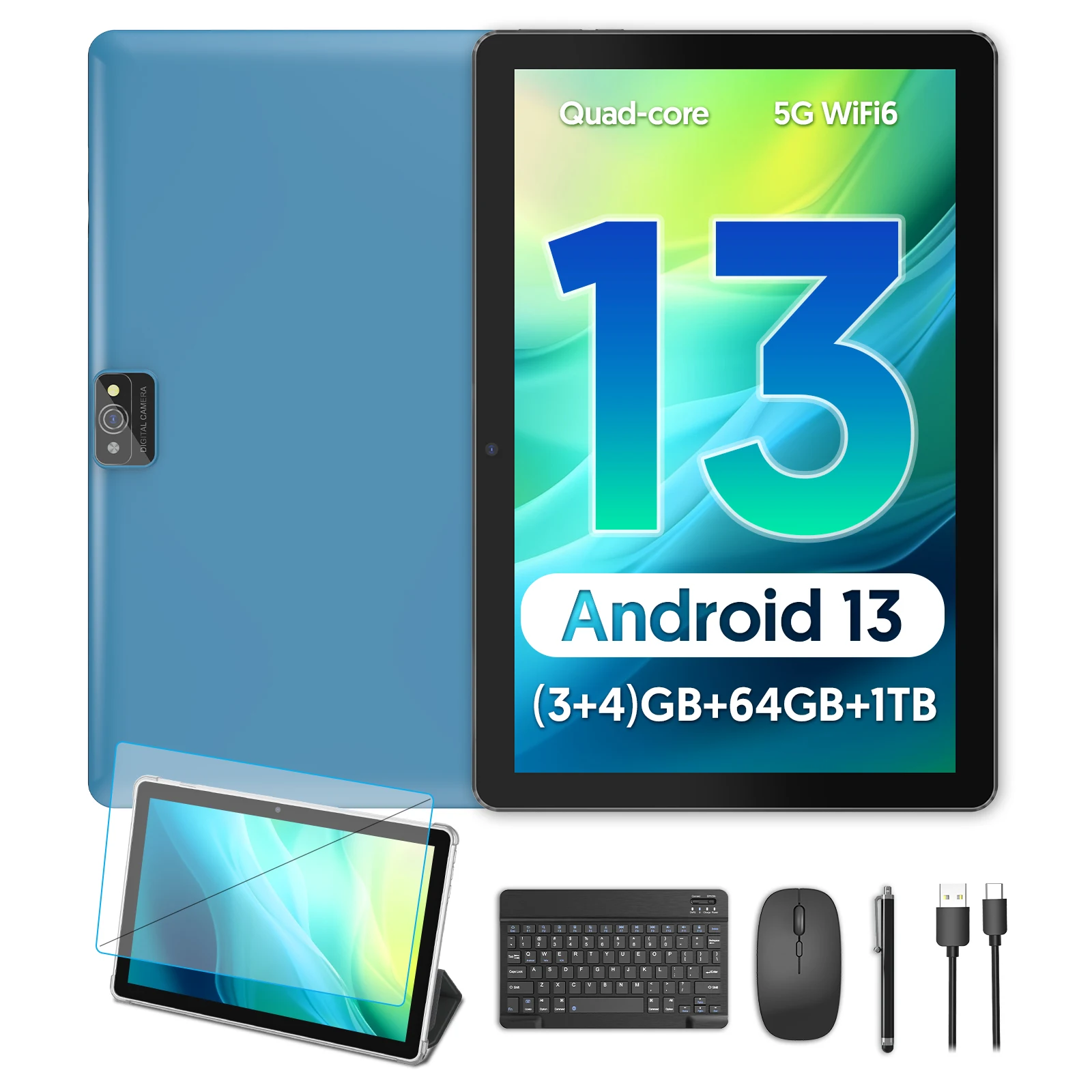 

BAKEN 10-inch Android 13 tablet, quad-core processor, 7GB (3g+4g memory expansion) RAM+64GB ROM, dual camera, wifi, Bluetooth