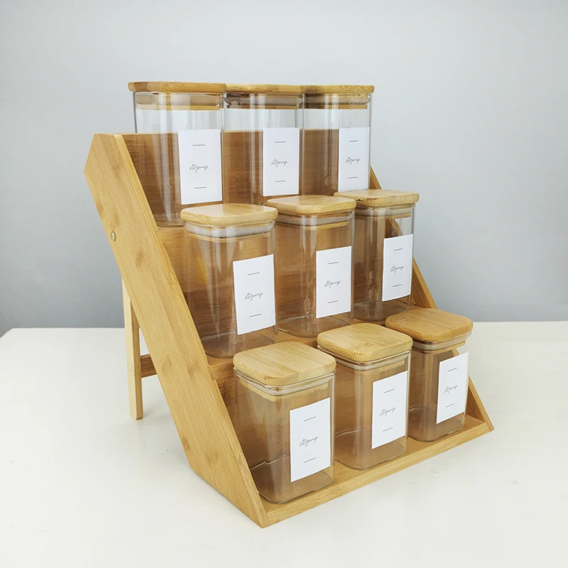 Kitchen Decro Tool Glass Jars Holder Bamboo Storage Shelf Three Wooden Rack