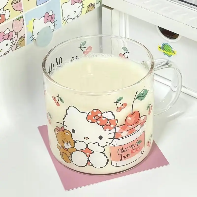 

Cute Hello Kitty Y2K Sanrio Kawaii Anime Cup Cute Kuromi My Melody Student Breakfast Milk Coffee Glass Handle Cup Girls Gift