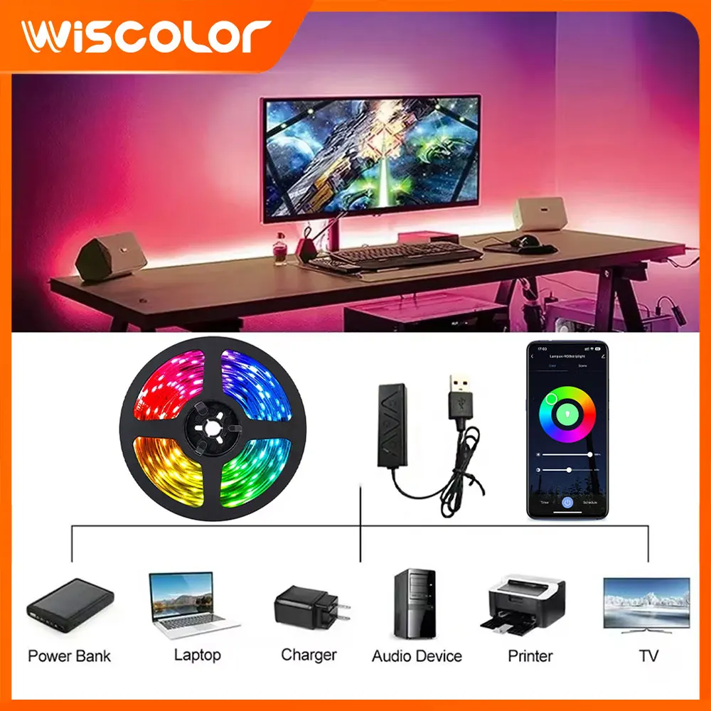 RGB LED Strip Lights Lamp Tape USB TV Backlight LED Lights Flexible Color Changing App Control Game Room Decoration Lighting