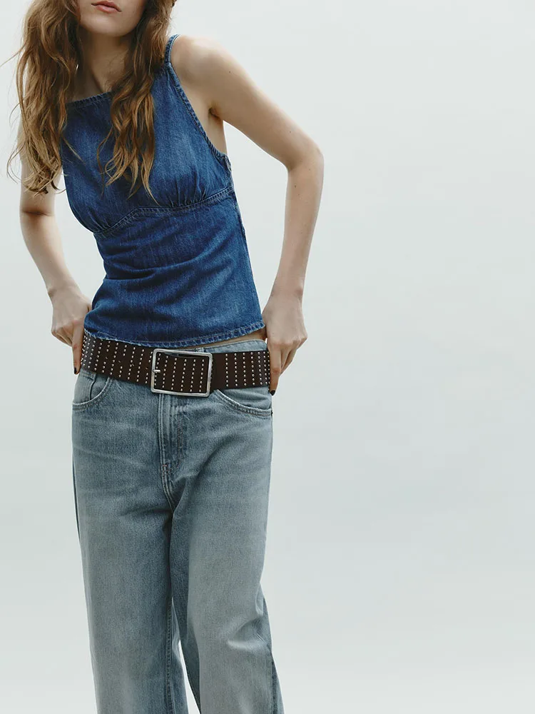 봄 신상 여성 섹시하고 다재다능한 얇은 스트랩 스트레이트 칼라 백리스 데님 탑 출퇴근 스타일 솔리드 컬러 싱글 피스