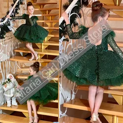 Emerald Green Children 0-12 Years Banquet Dress Sequined Long-Sleeved Performance Flower Girl Dress Birthday Customize