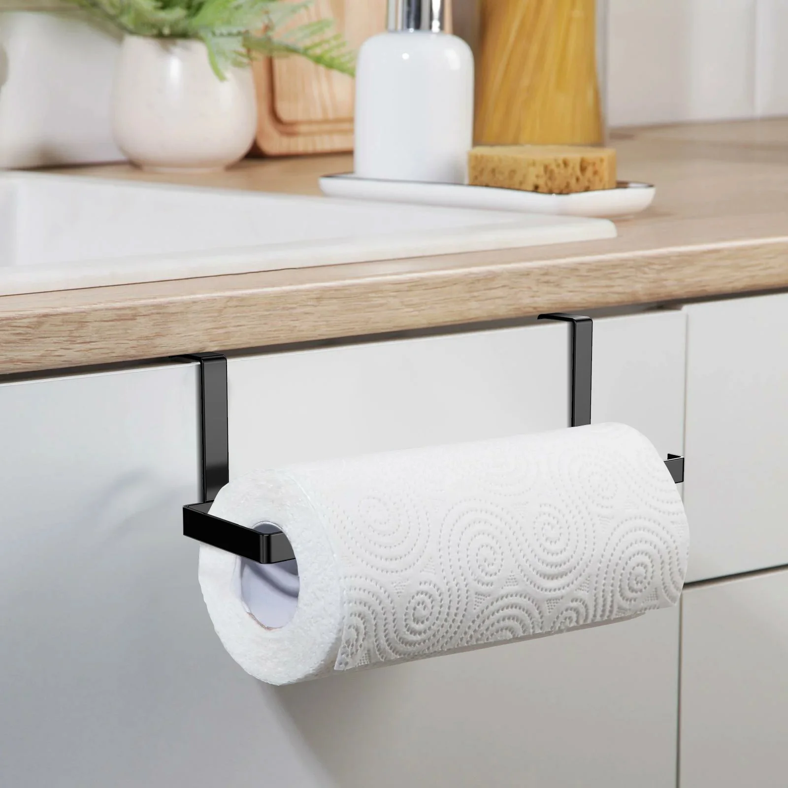Kitchen Roll Paper Towel Holder Storage Rack Cabinet Tissue Shelf Nail Free Hanger Organizer (Black)